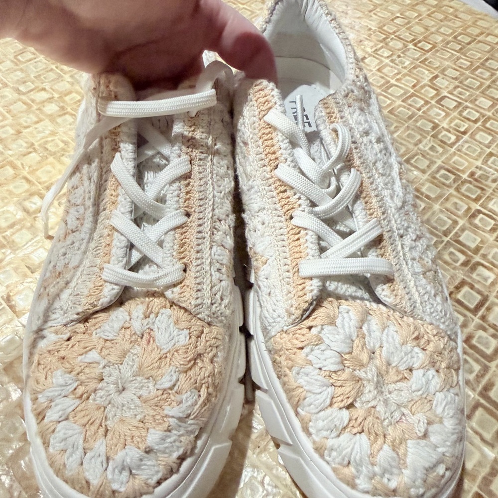 Free People Crochet Lace-Up Sneakers in Cream and Peach